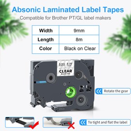 Absonic 3-Pack Tz121 9mm 0.35" Laminated Clear Label Tape Compatible for Brother Tze-121 Tz-121 Tze121 Tz121 P Touch Label Tape 9mm 3/8 Black on Clear for Ptouch PT-H100 PT-D200 PT-D210 PT-D220 PTD400