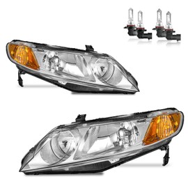 KarSpareHub Headlights Assembly for 2006-2011 Honda Civic 4-Door Headlamp Replacement Chrome Housing Driver & Passenger Side (NOT fit 2-Door)
