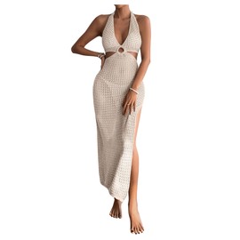GORGLITTER Women's Crochet Dress Halter Backless Split Thigh Knit Swimsuit Coverup Dress Beige Large