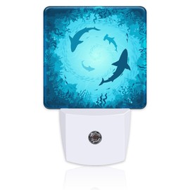 sndheke Blue Sharks and Corals Underwater World Fish Marine Lifes Dusk to Dawn Night Light Plug in, 0.5w Energy Saving Sleep Friendly Night Light for Kids Boys Girls Home Decor