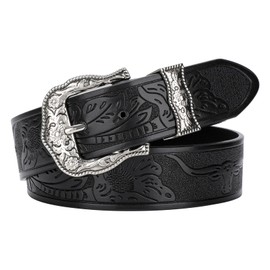 VONMELLI Western Belt for Women Men, Cowgirl Cowboy Womens Black Belt for Jeans with Vintage Floral Carved Buckle, M