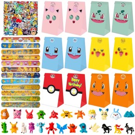 Bomboniere di compleanno per bambini, 98 pezzi, con sacchetti regalo di carta, mini figure, braccialetti a scatto e adesivi, piccoli regali per bambini, ragazzi e ragazze