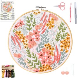 Yixhua Flower Embroidery Kit for Beginners,Cross Stitch Kit Adult with Pattern Starter Hand Embroidery with Instructions Arts and Crafts for Adult Learn to Embroider DIY Kits-F