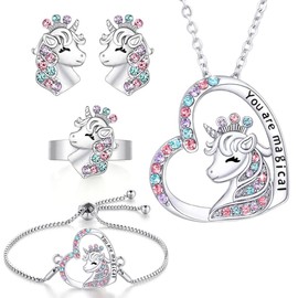 OSDUE Unicorn Jewellery Set Girls, Unicorn Children's Jewellery Includes Necklace, Rings, Bracelets, Earrings, Jewellery Set Unicorn for Party Dress Up Gift, with Colourful Gift Box (5 Pieces)