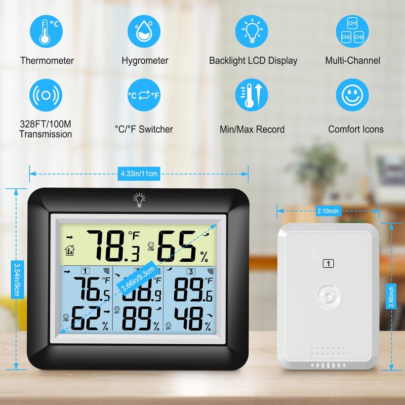 Urageuxy Wireless Indoor Outdoor Thermometer Hygrometer, Digital Temperature and Humidity