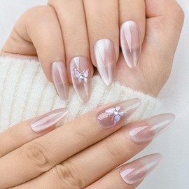 Sethaxy French Nail Tip, Short Almond, Press On Nail, Rhinestones, Magnets, False Nails, Cute, Bowknots, Fake Nails, Fashion, Butterfly, Home Nail, Cute, Cute, Butterfly, Home Nail, Ribbon, 3D Relief,