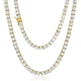 NOBYLO 4MM Classic Stainless Steel Tennis Chain 18K/White Gold Plated Cubic Zirconia Tennis Necklace Bracelet For Women Men Trendy 1 Row Bling Iced CZ Out Chain (20 inches, 18K gold)
