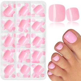 Bellelfin 180Pcs Pink Press on Toenails Short Fake Toenail Glue ons, Glossy Acrylic False Toe Press on Nails Artificial Toe Nail Tips for Women Girls