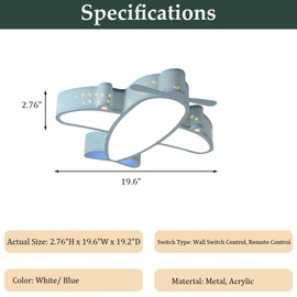 Skyblaze Blue Airplane Ceiling Light Fixtures, Kids Room Ceiling Lighting with Remote Control, Modern LED Dimmable Flush Mount Ceiling Light for Kid's Bedroom Nursery