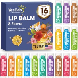 YesBes 16 Pack Lip Balm, Natural Lip Balm Bulk with Vitamin E and Coconut Oil, Moisturizing Lip Balms for Dry Cracked Lips, Lip Balms for Stocking Stuffers - 8 Flavors