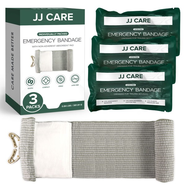 JJ CARE Israeli Emergency Bandages 6 inch – 3 Pack Israeli Compression Bandage Individually Packed – Emergency Trauma Dressings – Sterile & Vacuum Sealed First Aid Combat Pressure Bandages