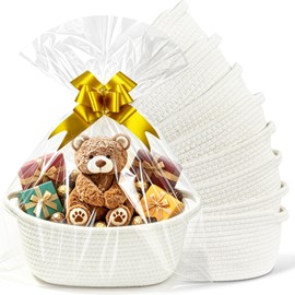 8 Pack Small Woven Baskets, 12"x 8"x 5" Empty Gift Baskets with Gift Bags and Bows, Gift Baskets for Christmas Mother's Day, Baby Showers, Birthdays, Raffle Storage Basket with Handles, White