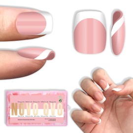 NOVO OVO Short Square Round White French Tip Nail Tips Press on BABY PINK, Extra Thick Full Cover False Fake Nails, Need Builder Gel Top Coat & Glue, for Salon DIY Acrylic Extension x 15 Sizes 240 pcs