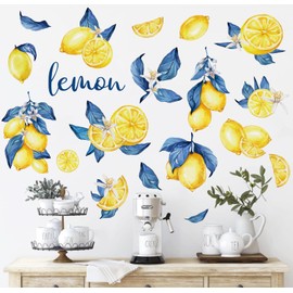 Whaline 12 Sheets Capri Lemon Wall Stickers Blue Yellow Fruit Wall Decals Watercolor Room Mural Stickers for Summer Party Home Nursery, 7.9 x 11.8 Inch