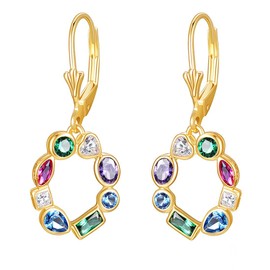 E Jewelry Round Earrings for Women 925 Sterling Silver Colored Stone Earrings, AAA Cubic Zirconia Rainbow Earrings 18K Gold Plated or Rhodium Plated, Sterling Silver