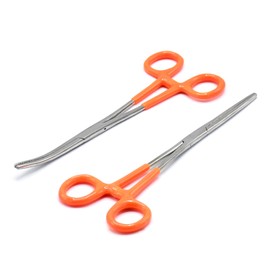 AAProTools Set of 2 Assorted Color PVC (Polyvinyl Chloride) Grip Handle German Grade Stainless Straight & Curved Hemostat Forceps Pliers Full Serrated 8" (Orange Grip)