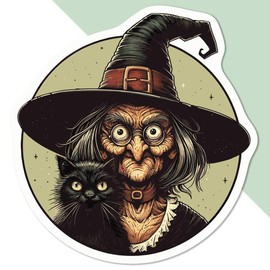 Medium 100mm 'Witch with Black Cat' Permanent Sticker Decal for Cars/Windows/Bins/Walls etc (DW00123593)