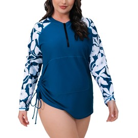 Halcurt Women's Plus Size Rash Guards Adjustable Drawstring Ruched Peacock Blue Swimwear 1X