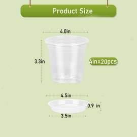 TAQIXI 20 Pack 4 Inch Clear Nursery Pots,Plastic Transparent Plant Pot with Drainage Holes and Saucers,Plant Pot Seed Starter Pots for Succulents (4 Inch)