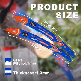 BRSCHNITT Japanese Teeth Reciprocating Saw Blades 12" 4PCS - Curved Edge Wood Pruning Saw Blades 6TPI for Tree Trimming,Wood Cutting,Cr-V Sabre Saw Pruning Blade