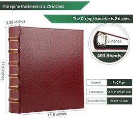 Vintage 3 Ring Binder, 2 Inch Capacity D Ring Leather Binder, Classical Collection Executive Presentation View Binder with Pocket, Professional Binder Organizer Planner (Holds 400 Sheets), Dark Red