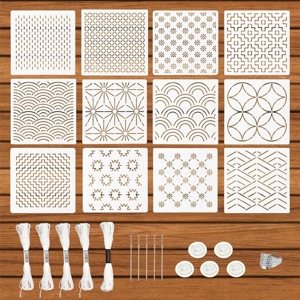 WADY 28pcs Plastic Sashiko Stencil Kit, 12pcs Geometric Sashiko Pattern