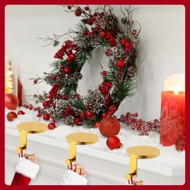 BeapTcely 3 Pack Round Christmas Stocking Holders Metal Mantel Stockings Hangers Fireplace Shelf Garland Mantle Grips Set for Xmas Party Decoration (Gold, 3)