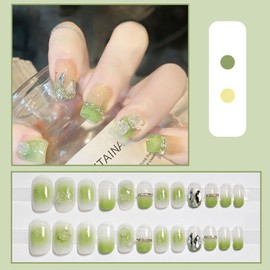 Nail Tips, Short, 24 Pieces, Gel Nails, Fashion, Green, Color Gel, Japanese Style, Wedding Nail Tip, 3D Nails, Flower Pattern, Pearl, Butterfly, Bride Nail, Coming-of-age Ceremonies, School Entrance Ceremonies, Graduation Ceremonies, Weddings, Wood Stick