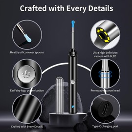 TicEaik Limpiador de Cera de Oídos,Camara 1080P y Luz Eliminación de Ear Wax,Eliminación de Cera del Oído Portátil, Recargable,Compatible con Android e ios