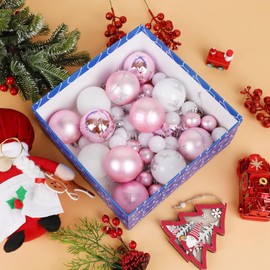 ZALAON 44 Pcs Christmas Ball Ornaments, 1.2/2.3 Inch Pink White Christmas Baubles Christmas Tree Hanging Ball Set for Xmas Party Indoor Outdoor Decorations