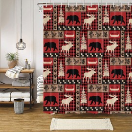 Rustic Lodge Cabin Shower Curtain Red and Black Plaid Patchwork Pattern, Woodland Wildlife Bath Curtain with Black Bear Moose Animal Hunting Vintage Farmhouse Bathroom Decor Set with Hooks 70X70IN