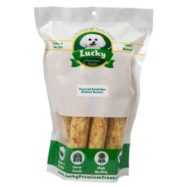 Lucky Premium Treats Peanut Butter Basted Rawhide Bull Sticks – All Natural Rawhide and Peanut Butter Dog Treats, Gluten Free Premium Large Dog Treats (6 Chews)