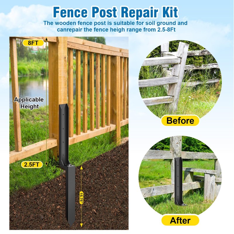 2 Pcs Fence Post Repair, Heavy Duty Fence Post Kit