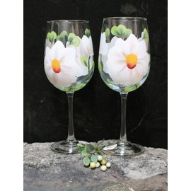Hand Painted Wine Glasses - White Magnolia (Set of 2)
