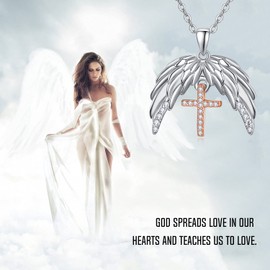 praymos Guardian Angel Wings Feather Necklace Cross 925 Sterling Silver Pendant with Sparkle Cubic Zirconia Jewellery Gift for Women Girls(A-wings cross necklace)