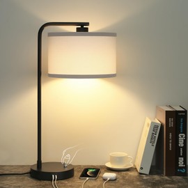 Table Lamp for Bedroom with USB C+A Ports, Fully Stepless Dimmable Farmhouse Bedside Lamp Nightstand Light, Tall Reading Desk Lamp for Living Room, Office, 9W LED Bulb Included
