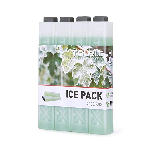 TOURIT Reusable Ice Packs for Coolers Long Lasting Freezer Packs for Lunch Bags/Boxes, Cooler Backpack, Camping, Beach, Picnics, Fishing and More (Set of 4, Green)