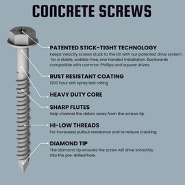 Velocity 2 1/4 Concrete Screws Set (Hex Head, 1/4") – Includes 12 High-Performance Masonry Screws PCS, Stick Tight Technology, 1 PSD ACR Drive Bit and 1 Carbide Concrete Drill Bit