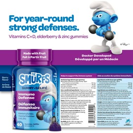 The Smurfs Immune Support Supplement Vitamins for Kids with Elderberry, Zinc, Vitamin C & D for Immune Defense | Made with Real Fruit in a Smurf Berry | Doctor Developed & Non-GMO | 40 Gummy Berries