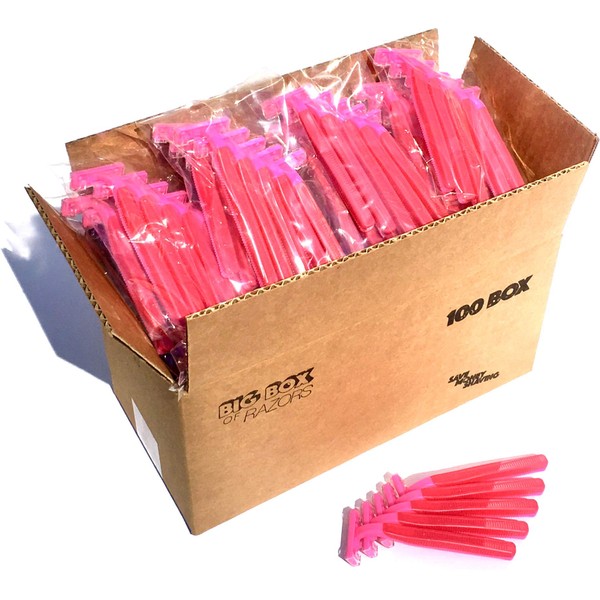 100 Box of Pink Razor Blades Disposable Stainless Steel Hospitality Quality Shavers High End Twin Blade Razors for Men and Women with Aloe Vera Lubrication Strip
