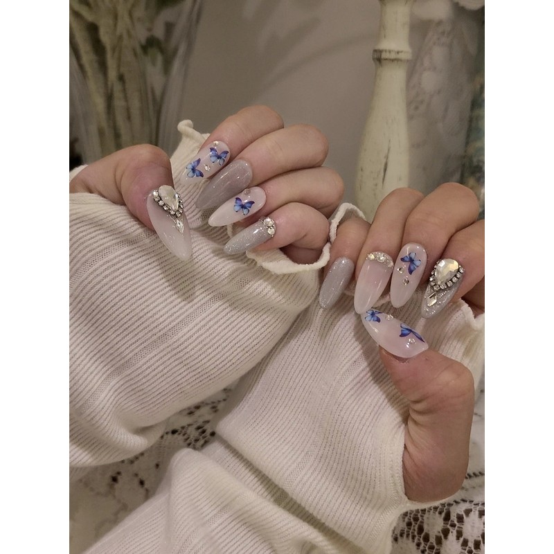 Silver magnet gel & butterfly handmade nail tips ✨ -
