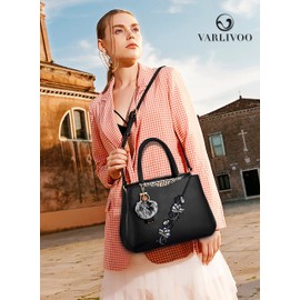 VARLIVOO Women's Handbag Shoulder Bag Floral Pattern Women Shoulder Bag Pom Pom Decoration Shopper Bags Women's Crossbody Bag Waterproof PU, Black C+ Pom Pom Decorations, Classic
