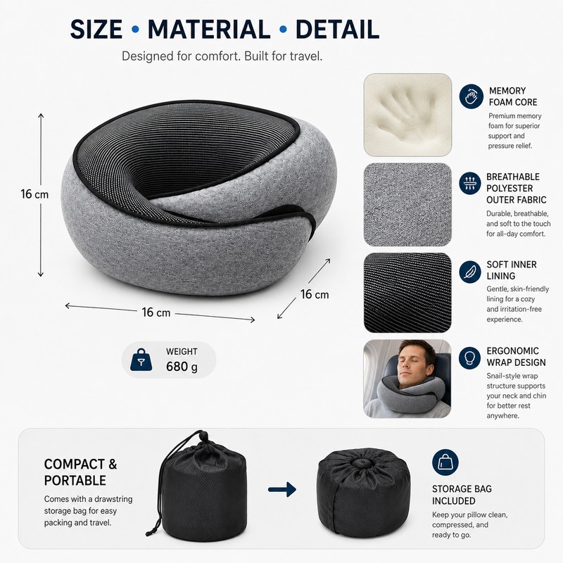 Travel Neck Pillow for Airplane Rest – Snail-Style Memory Foam