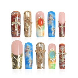 XGV Handmade Press on Nails 10pcs Medium Long Square Nails with Angel Design, Reusable Fake Nails for Salon Party Wedding