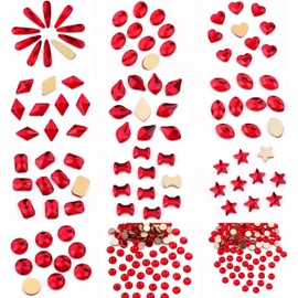 AD Beads 300 Pieces Red Flat Back Gems 11 Shapes Crystal Rhinestones 12 Sizes Rhinestones for Crafts Nail Face Art Clothes Shoes Bags DIY(Red)
