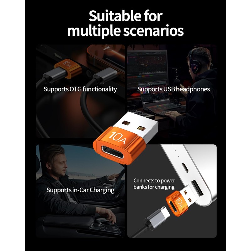 HOWJIM USB to USB C Adapter 10 Pack,10A 200W Fast