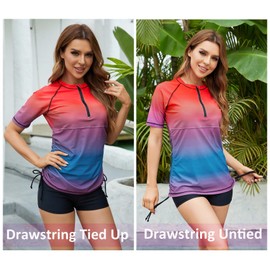 Halcurt - Camisa de Surf con Media Cierre para Mujer, con Fruncido UPF 50, Ombre Rojo Azul, L