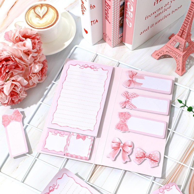 JarThenaAMCS Coquette Pink Bow Sticky Note Set 8 Pads Bowknot