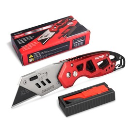 HAUTMEC Folding Utility Knife with 10-Pack SK2H Blades, Heavy-Duty Aluminum Box Cutter with Belt Clip, Quick-Change Blades, Safety Lock & Carabiner – HT0263