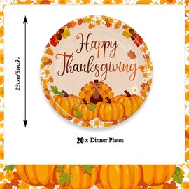 Furimuk 20 Pcs Happy Thanksgiving Disposable Paper Plates Fall Leaf Pumpkin Turkey Orange Harvest Theme Dinner Dessert Plate Tableware for Birthday Wedding Thanksgiving Party Supplies (9")